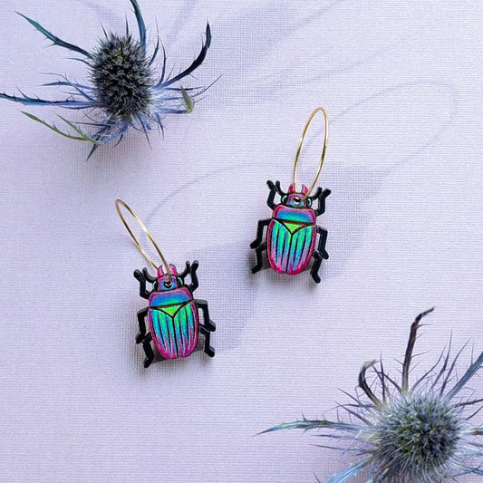 Iridescent Beetle Earrings Gold Hoops Dangle and Drop Earrings