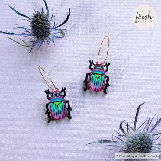 Iridescent Beetle Earrings Gold Hoops Dangle and Drop Earrings