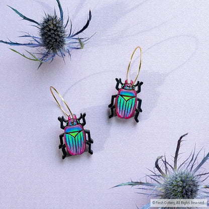 Iridescent Beetle Earrings Gold Hoops Dangle and Drop Earrings