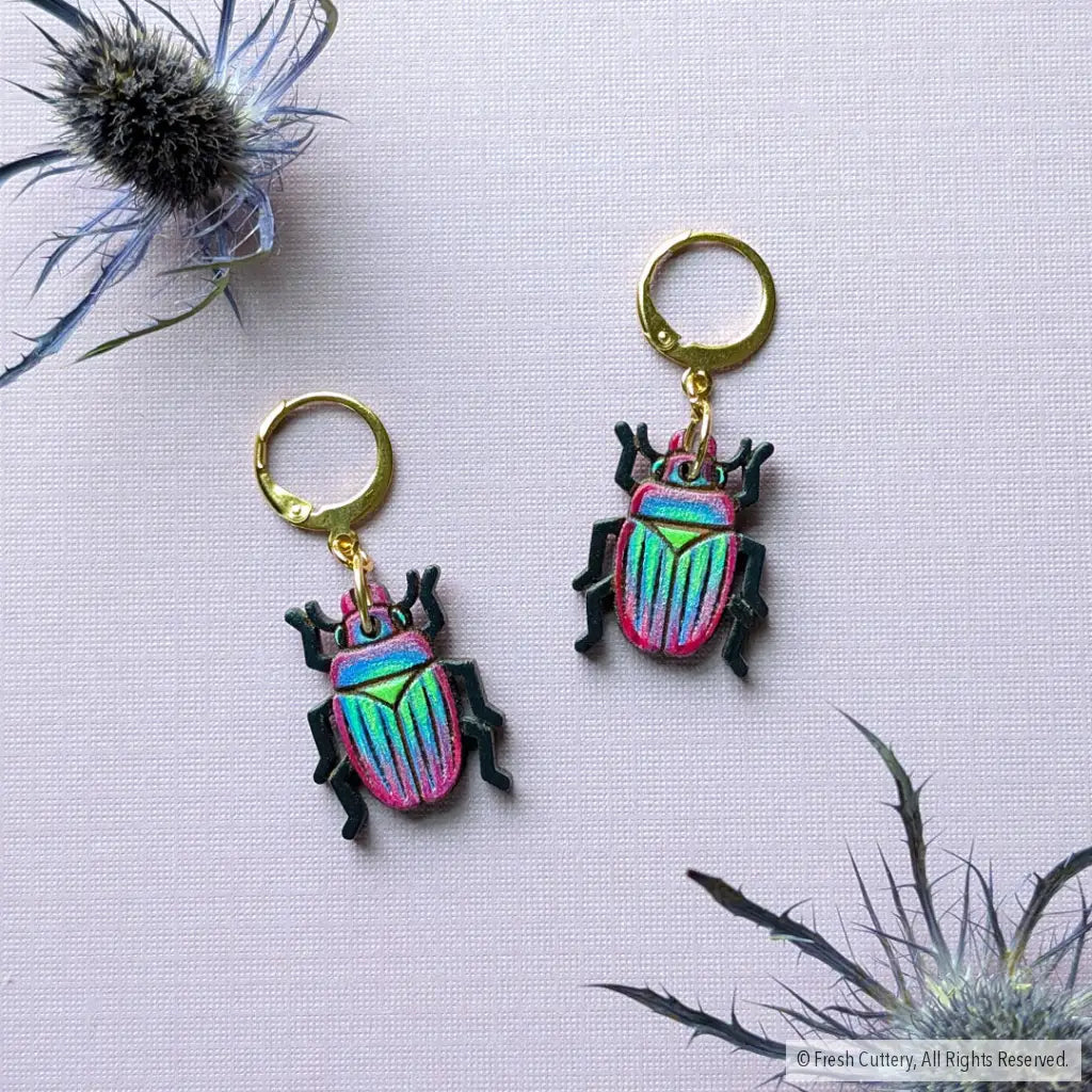 Iridescent Beetle Earrings Gold Leverbacks Dangle and Drop Earrings