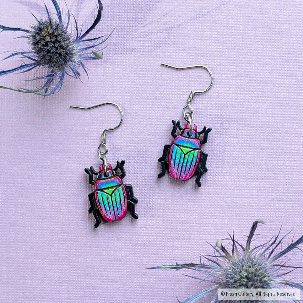 Iridescent Beetle Earrings Silver Ear Wires Dangle and Drop Earrings