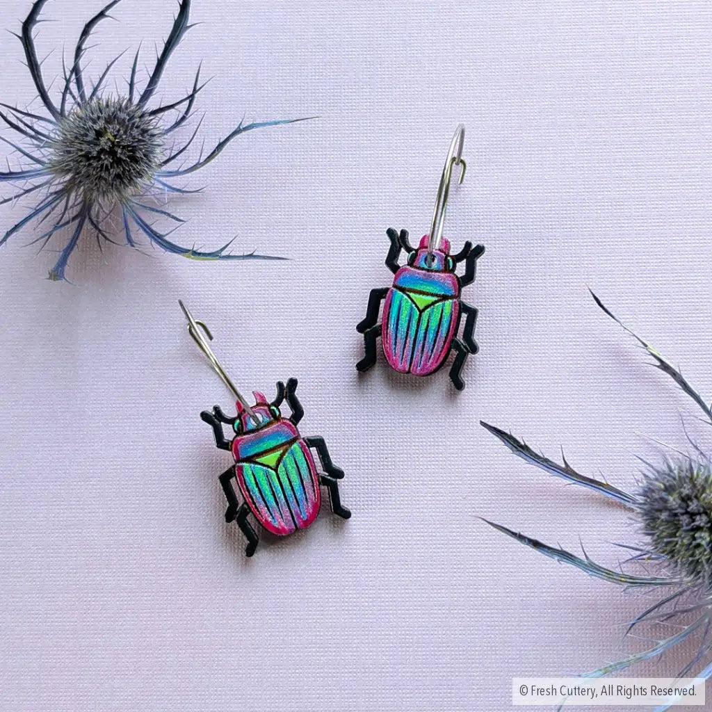 Iridescent Beetle Earrings Silver Hoops Dangle and Drop Earrings
