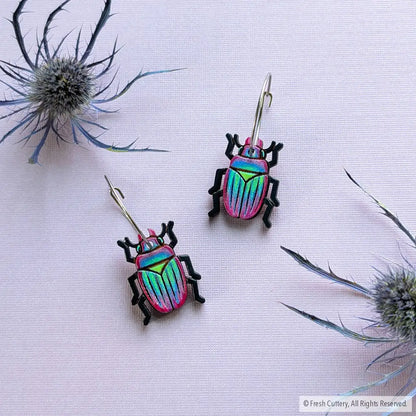 Iridescent Beetle Earrings Silver Hoops Dangle and Drop Earrings