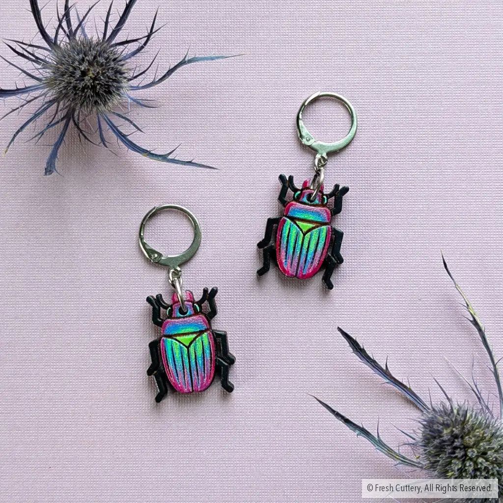 Iridescent Beetle Earrings Silver Leverbacks Dangle and Drop Earrings