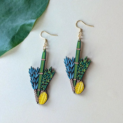Jewish Lulav and Etrog Earrings Gold Ear Wires Dangle and Drop Earrings