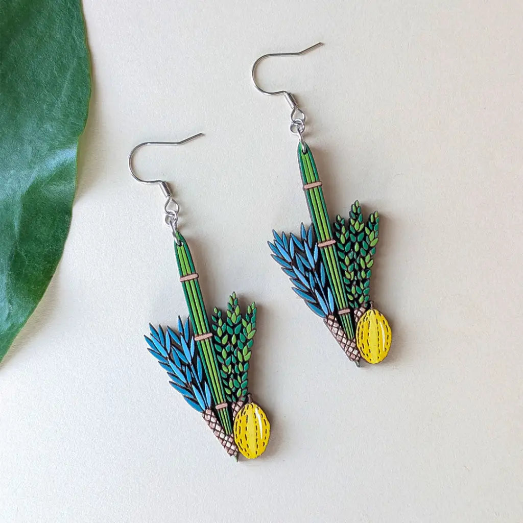 Jewish Lulav and Etrog Earrings Silver Ear Wires Dangle and Drop Earrings