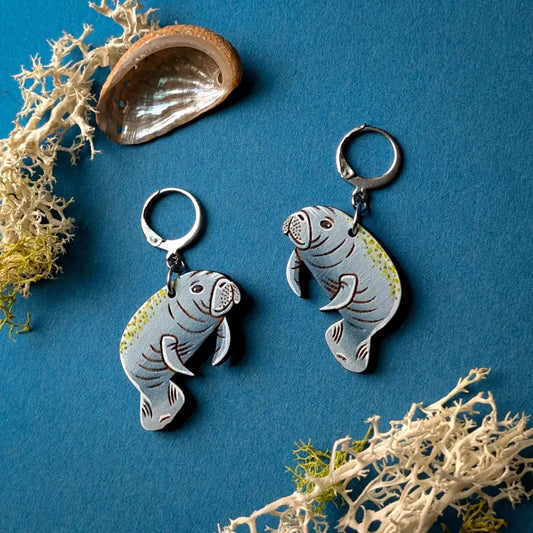 Manatee Earrings Silver Leverbacks Dangle and Drop Earrings