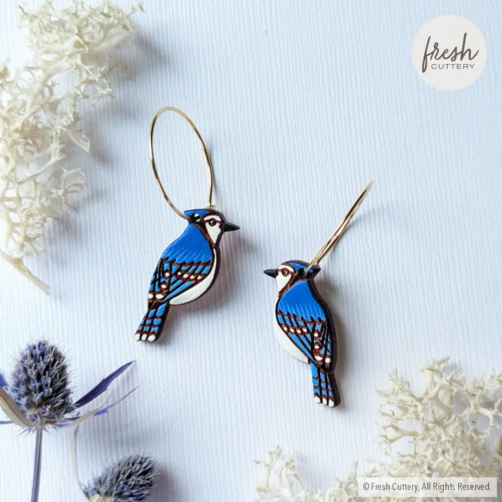 Mini Blue Jay Earrings Gold Hoops Dangle And Drop