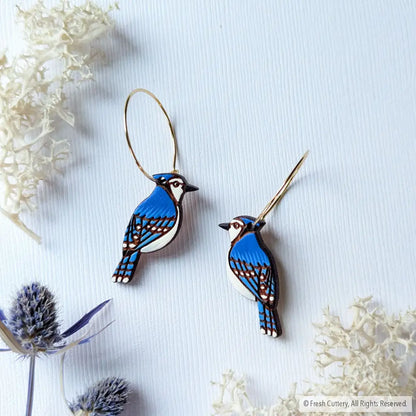 Mini Blue Jay Earrings Gold Hoops Dangle And Drop