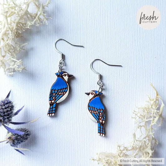 Mini Blue Jay Earrings Silver Ear Wires Dangle And Drop