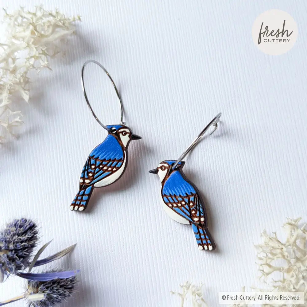 Mini Blue Jay Earrings Silver Hoops Dangle And Drop