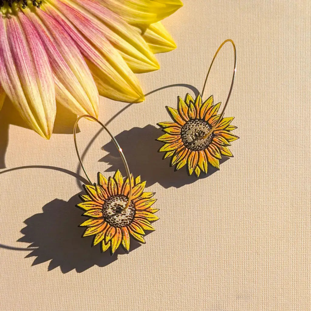 Mini Golden Sunflower Hoops Dangle and Drop Earrings