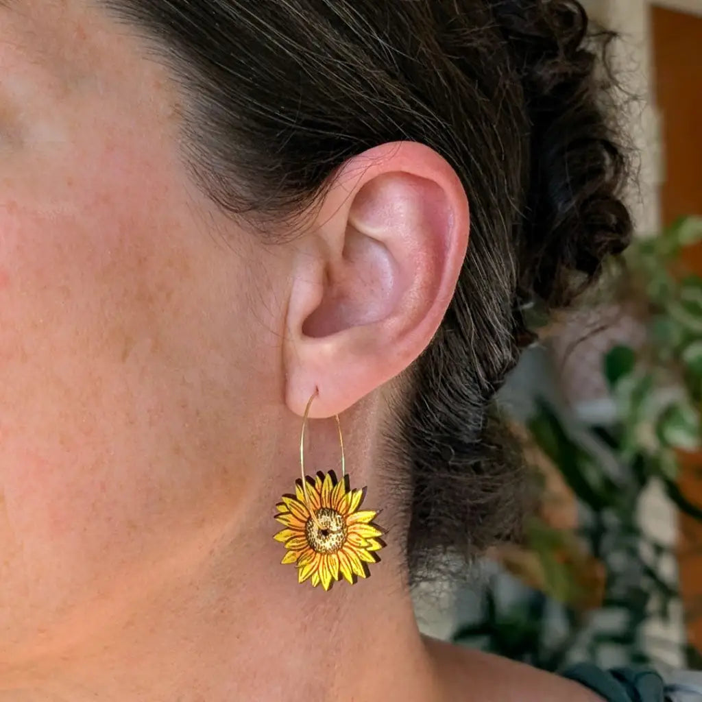 Mini Golden Sunflower Hoops Dangle and Drop Earrings