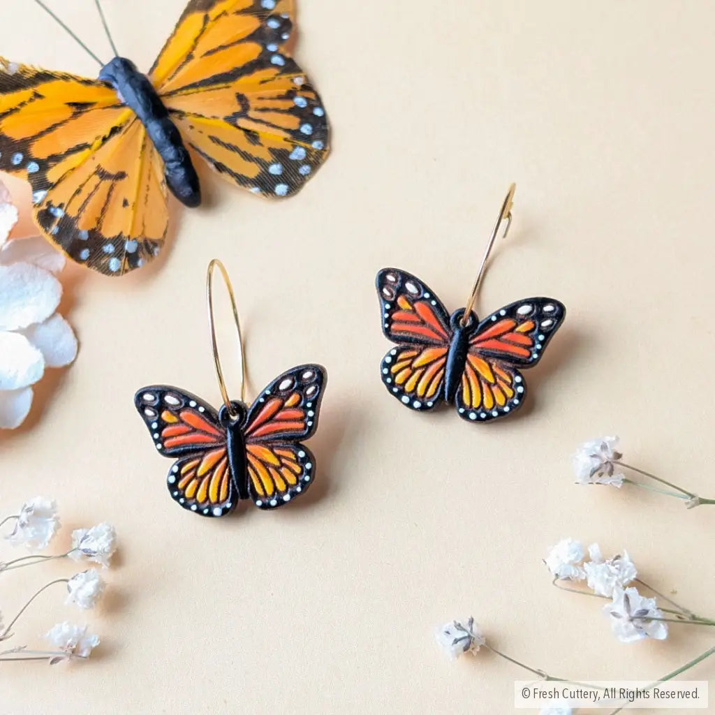 Mini Monarch Butterfly Earrings Gold Hoops Dangle and Drop Earrings
