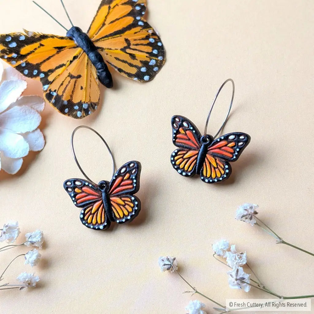 Mini Monarch Butterfly Earrings Silver Hoops Dangle and Drop Earrings
