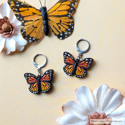 Mini Monarch Butterfly Earrings Silver Leverbacks Dangle and Drop Earrings