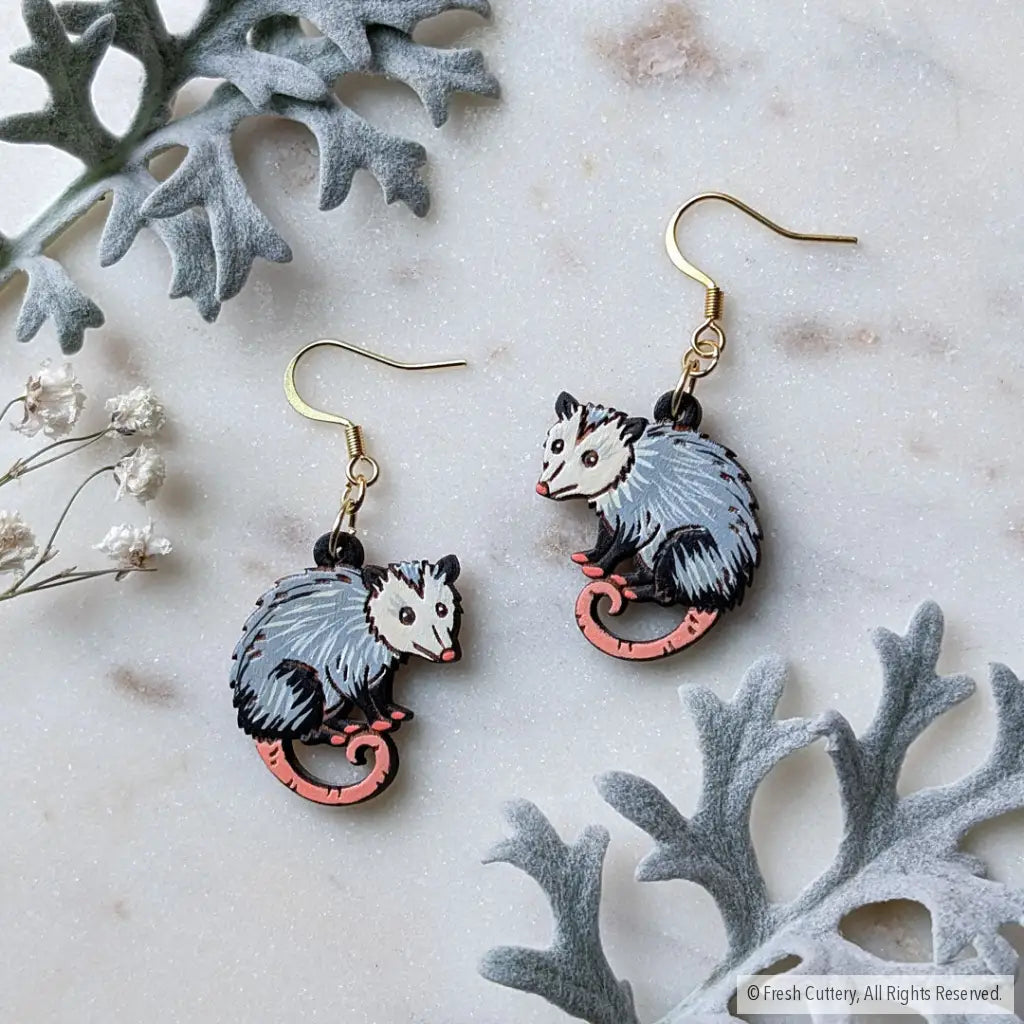 Mini Opossum Earrings Gold Ear Wires Dangle and Drop Earrings