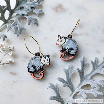 Mini Opossum Earrings Gold Hoops Dangle and Drop Earrings