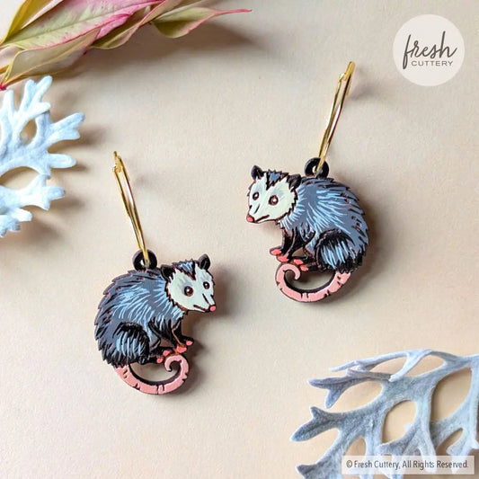 Mini Opossum Earrings Gold Hoops Dangle and Drop Earrings