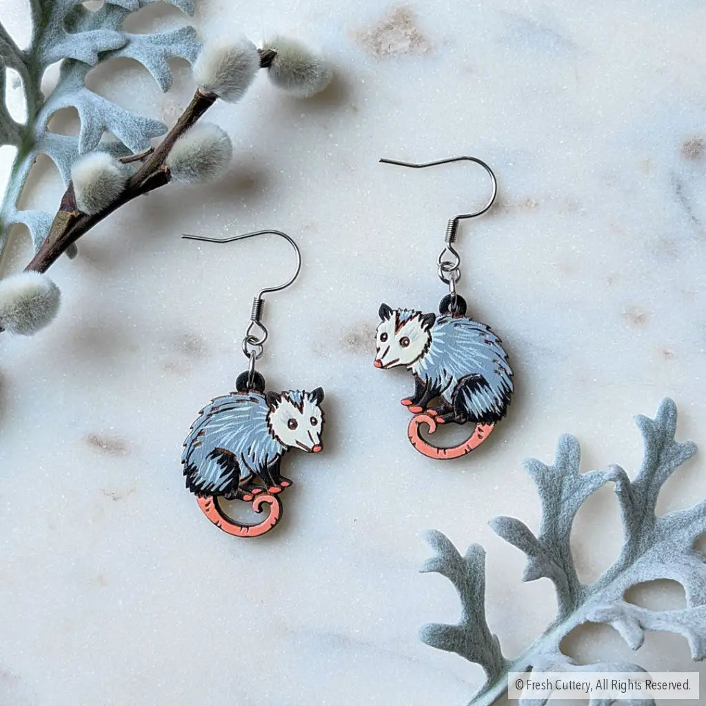Mini Opossum Earrings Silver Ear Wires Dangle and Drop Earrings