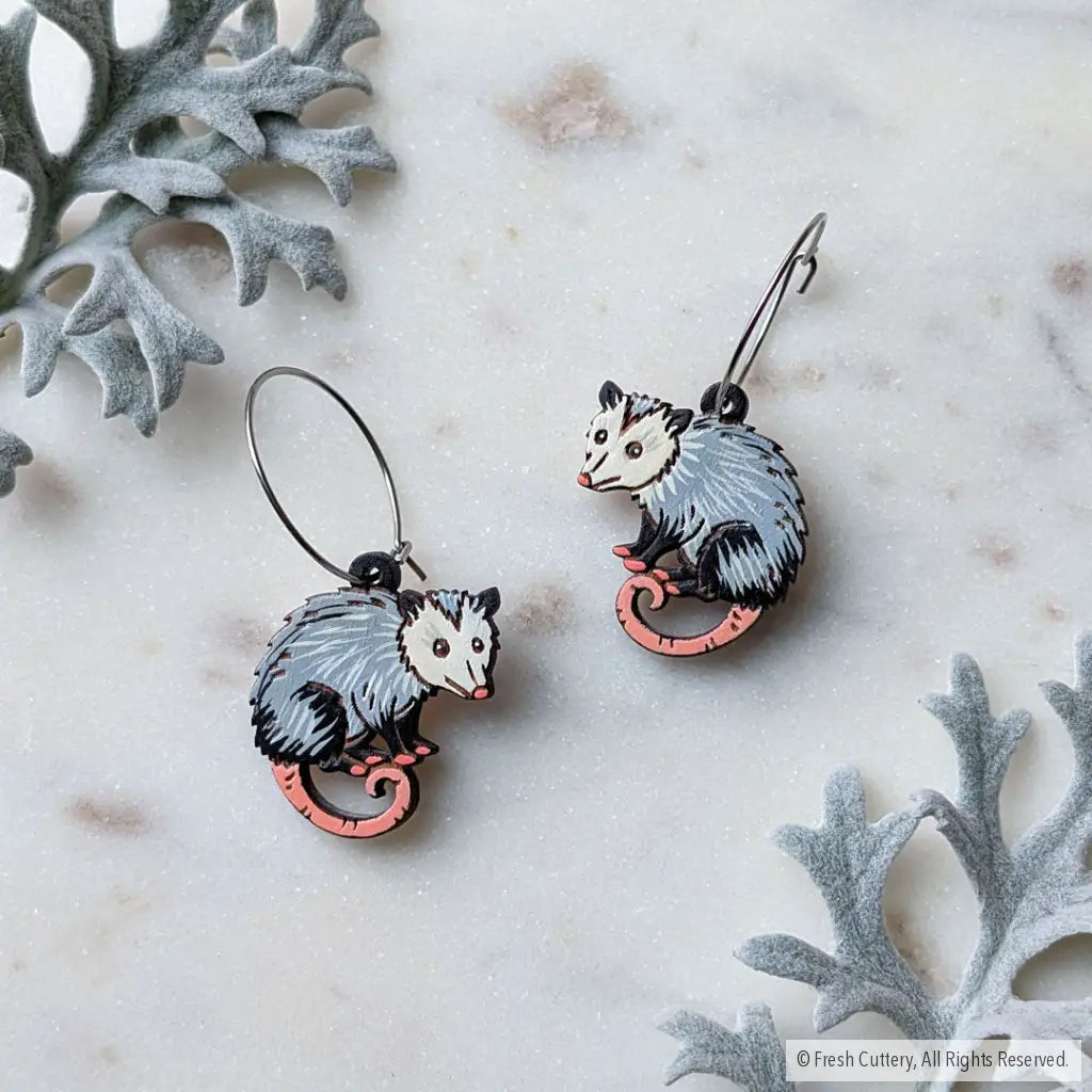 Mini Opossum Earrings Silver Hoops Dangle and Drop Earrings