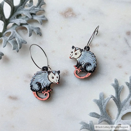 Mini Opossum Earrings Silver Hoops Dangle and Drop Earrings