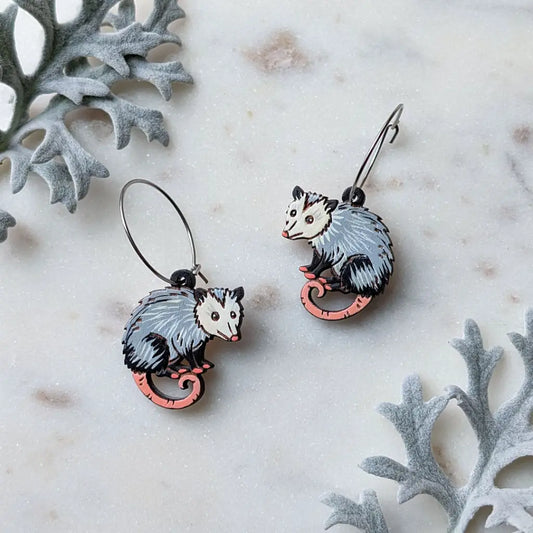 Mini Opossum Earrings Silver Hoops Dangle and Drop Earrings