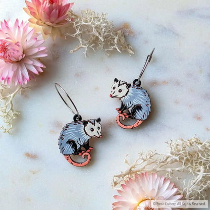 Mini Opossum Earrings - Silver Hoops - Dangle and Drop Earrings