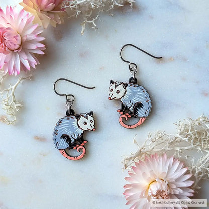 Mini Opossum Earrings - Titanium Ear Wires - Dangle and Drop Earrings