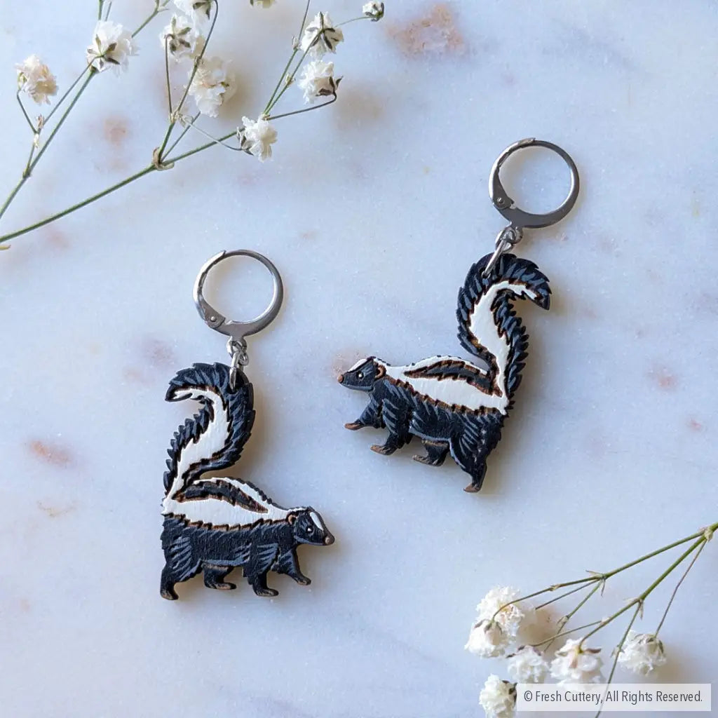 Mini Skunk Earrings Silver Leverbacks Dangle and Drop Earrings