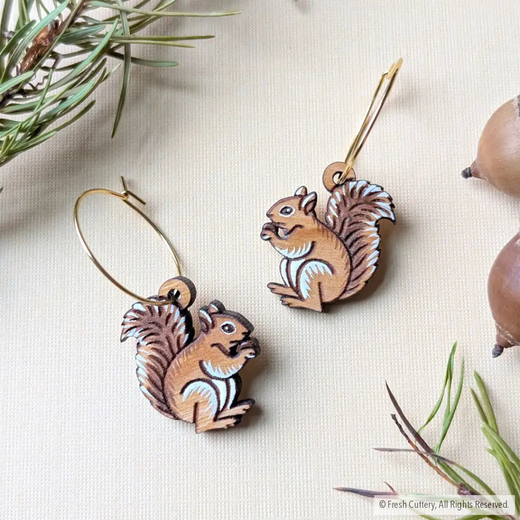 Mini Squirrel Earrings Gold Hoops Dangle and Drop Earrings