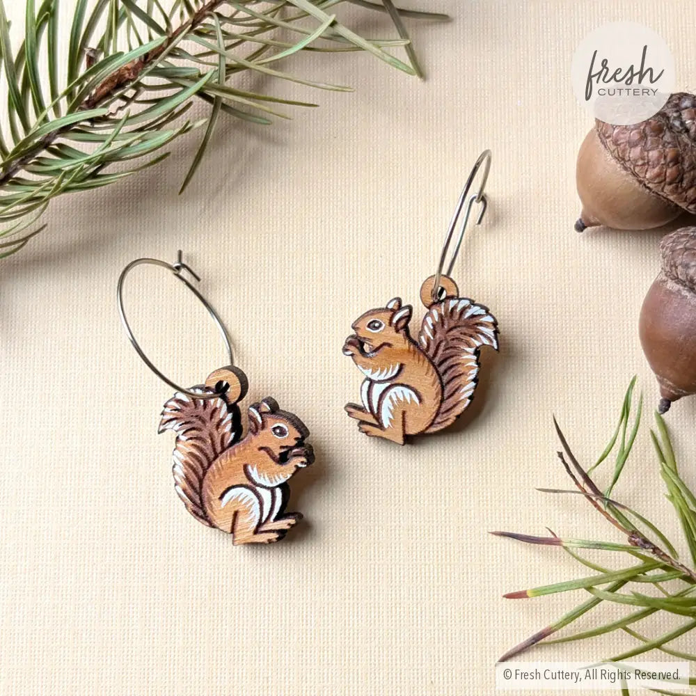 Mini Squirrel Earrings Silver Hoops Dangle and Drop Earrings