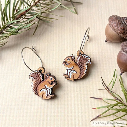 Mini Squirrel Earrings Silver Hoops Dangle and Drop Earrings
