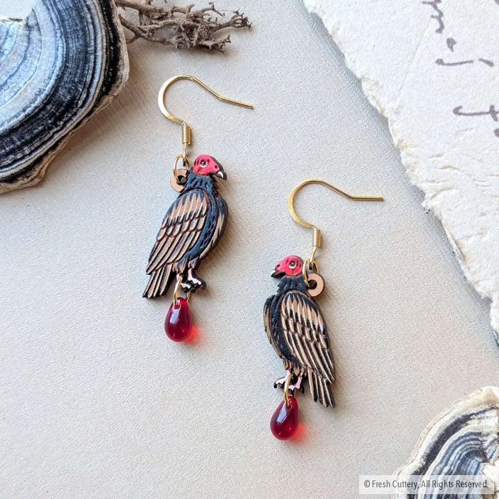 Mini Turkey Vulture Earrings - Gold Ear Wires - Dangle and Drop Earrings