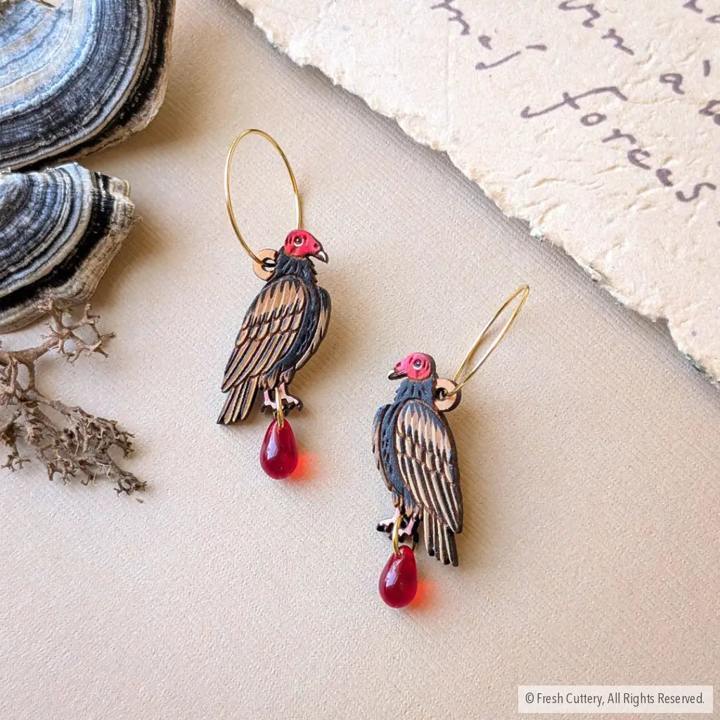 Mini Turkey Vulture Earrings - Gold Hoops - Dangle and Drop Earrings