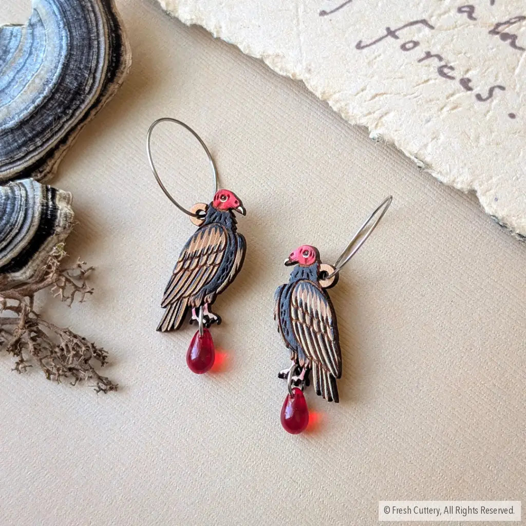 Mini Turkey Vulture Earrings - Silver Hoops - Dangle and Drop Earrings