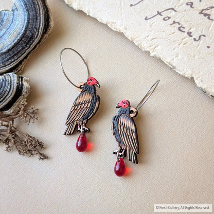 Mini Turkey Vulture Earrings - Silver Hoops - Dangle and Drop Earrings