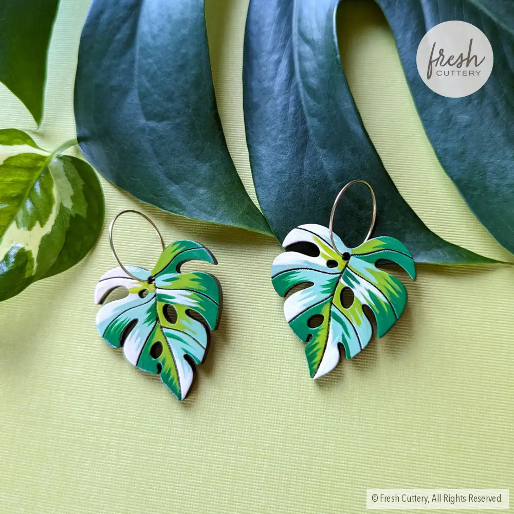 Monstera Albo Leaf Earrings 20Mm Gold Hoops Dangle And Drop