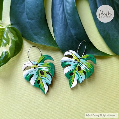 Monstera Albo Leaf Earrings 20Mm Silver Hoops Dangle And Drop