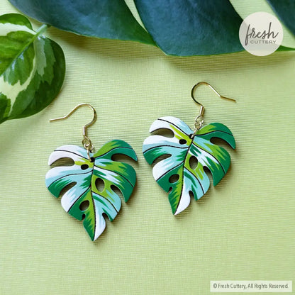 Monstera Albo Leaf Earrings Gold Stainless Ear Wires Dangle And Drop