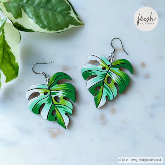 Monstera Albo Leaf Earrings Silver Stainless Ear Wires Dangle And Drop