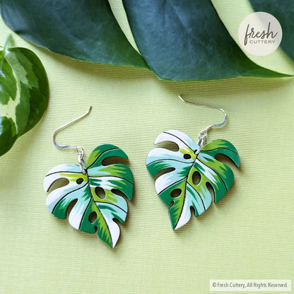 Monstera Albo Leaf Earrings Sterling Silver Ear Wires Dangle And Drop