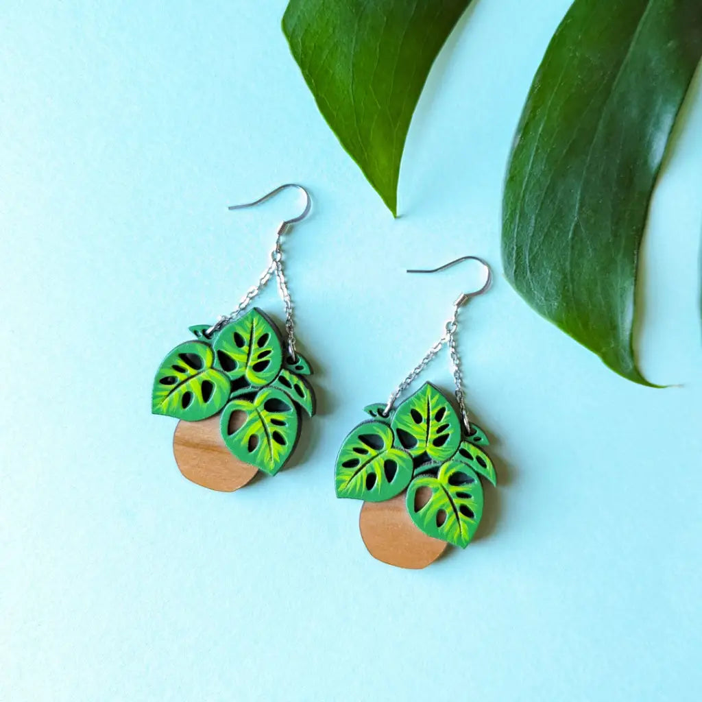 Monstera Hanging Planter Earrings Dangle And Drop