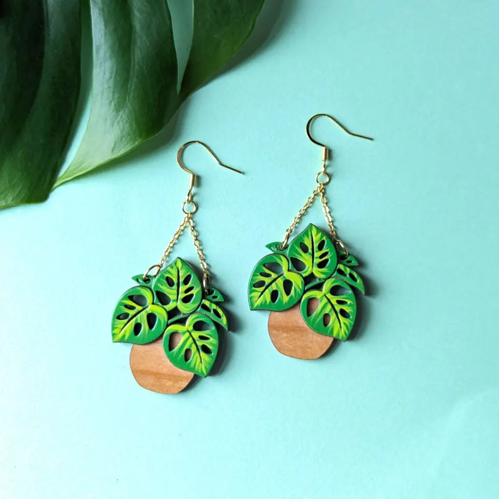 Monstera Hanging Planter Earrings Gold Dangle And Drop