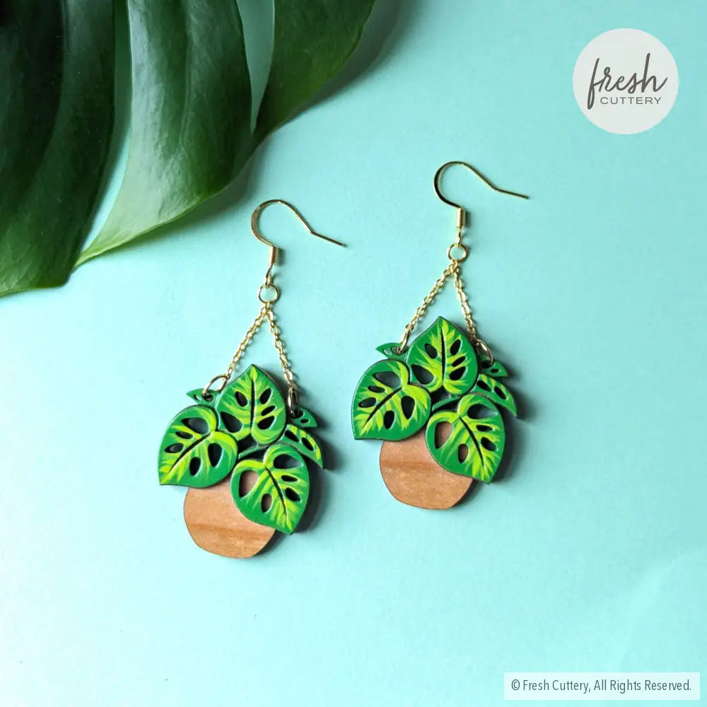 Monstera Hanging Planter Earrings Gold Dangle And Drop