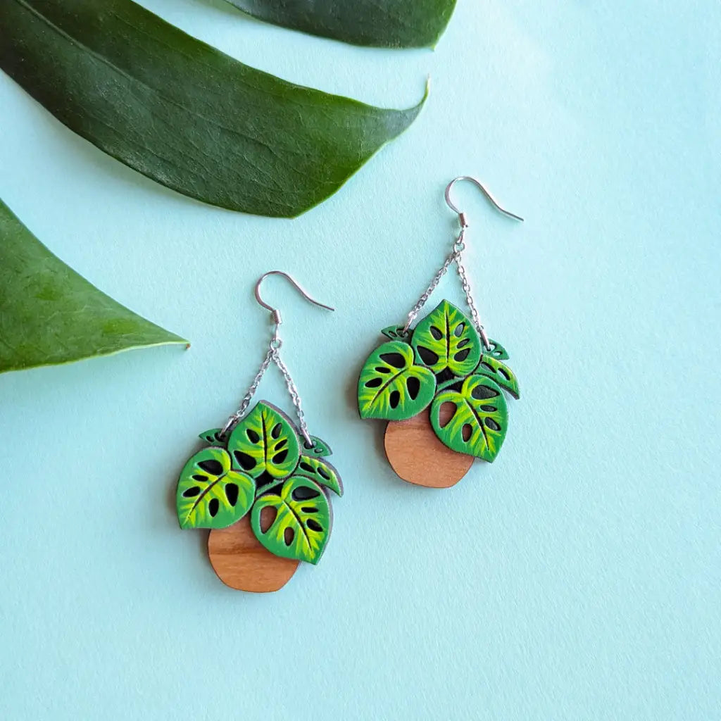 Monstera Hanging Planter Earrings Silver Dangle And Drop