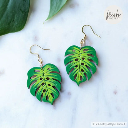 Monstera Leaf Hoops Gold Ear Wires Dangle And Drop Earrings