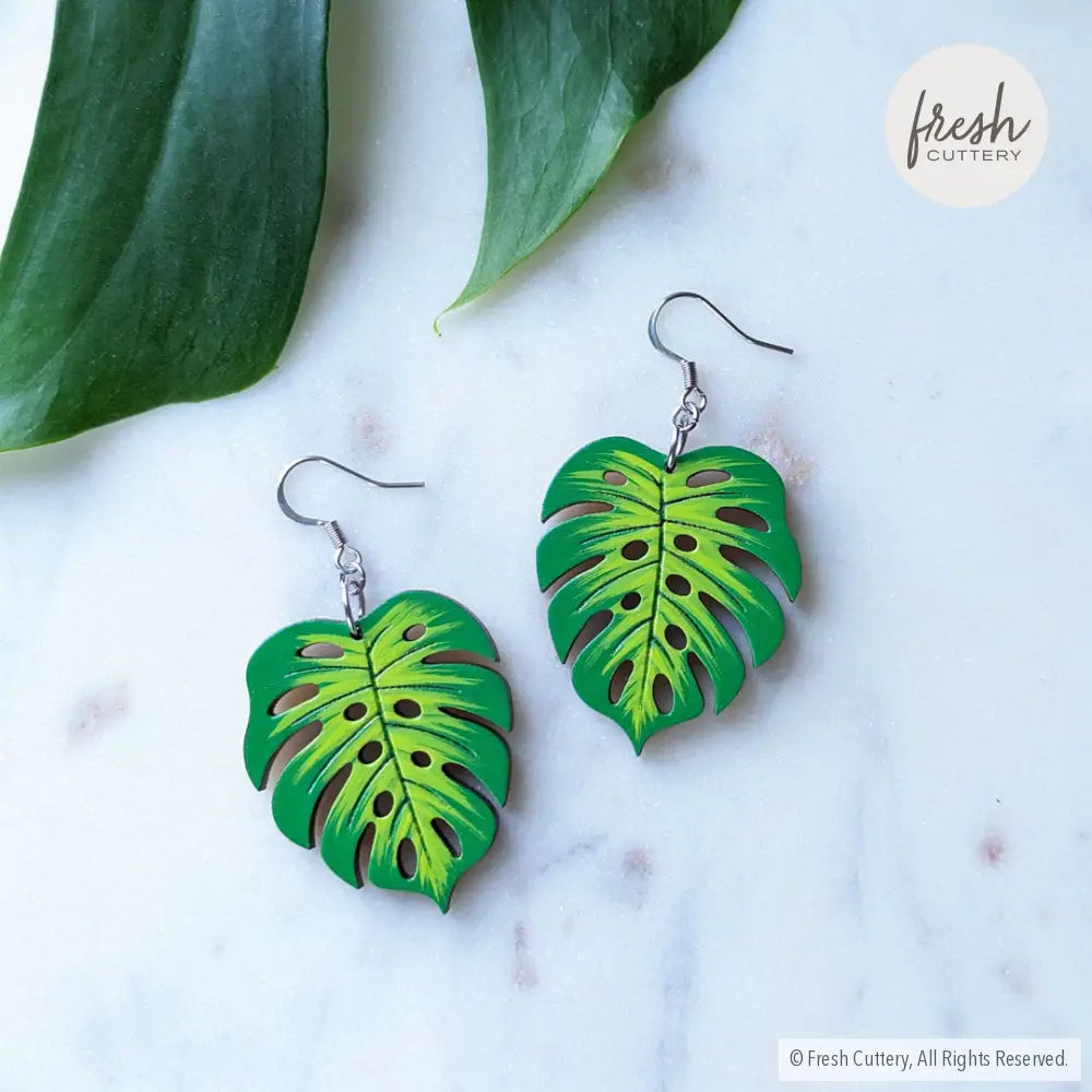 Monstera Leaf Hoops Silver Ear Wires Dangle And Drop Earrings