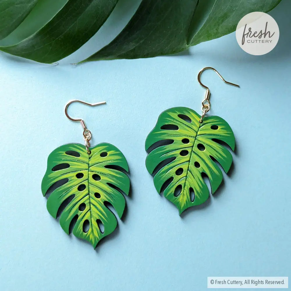 Monstera Leaf Statement Earrings Gold Ear Wires Dangle And Drop