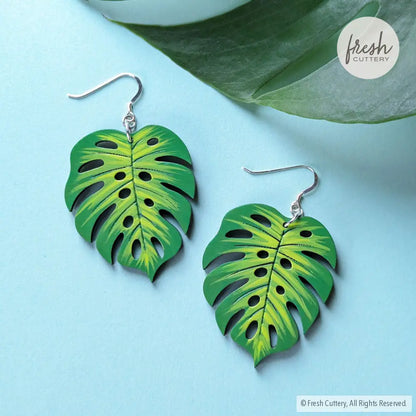 Monstera Leaf Statement Earrings Sterling Ear Wires Dangle And Drop